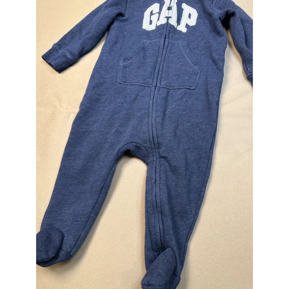 GAP Baby One Piece Zip Bear Hoodie Logo Blue 2019 Long Sleeve Fleece 6-12 Month